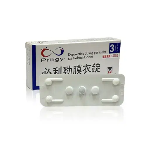 美納里尼必利勁膜衣錠 30mg（3錠裝）Priligy 原廠外盒圖